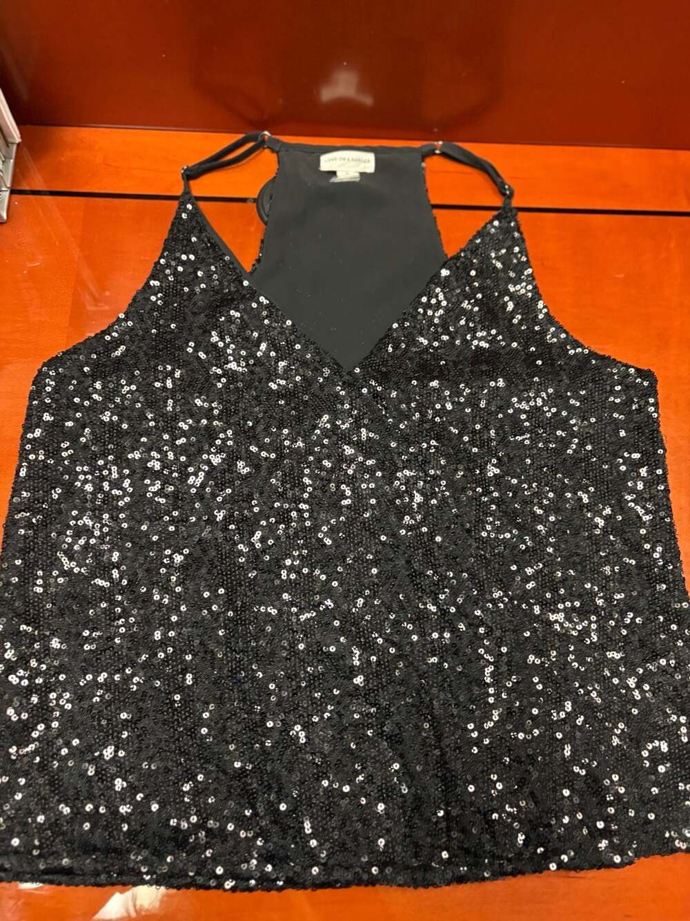 Love On A Hanger Sequin Tank Top Size S Black V-Neck Racerback